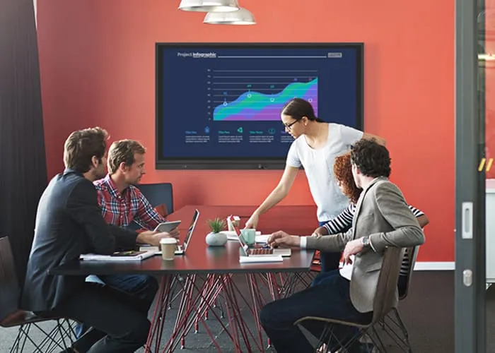 an employee points at a paper on a table in a conference room while a ViewBoard in the background shows a sales chart reflecting growth
