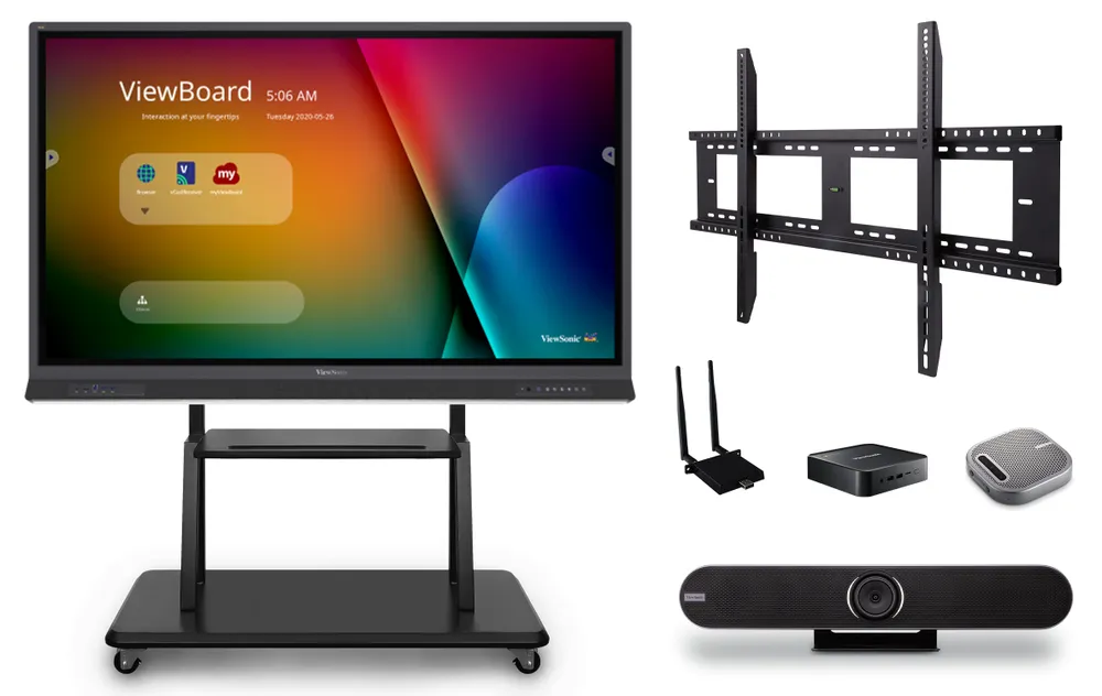 ViewSonic ViewBoard with various accessories such a wall mount, mobile cart, speaker and camera.