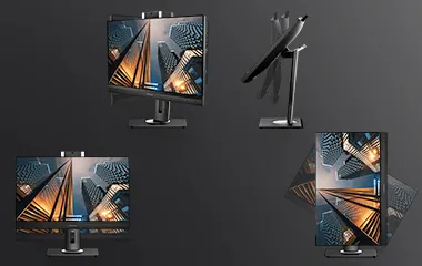 Monitor demonstrating various ergonomic features such as swivel, pivot and height adjust