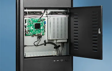 Lockable back door of a ViewSonic kiosk showing a media player and PC