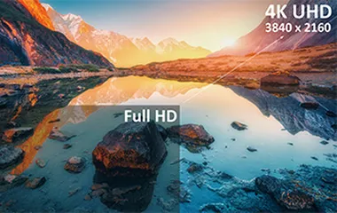 Mountain scene with lake showing the difference between Full HD and 4K UHD resolution