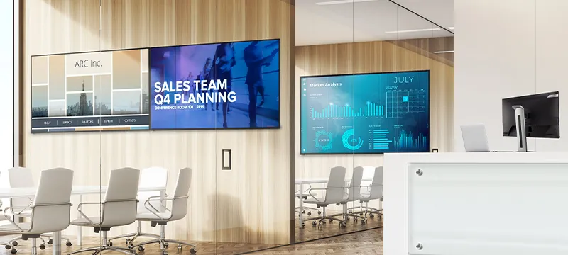 glass windows for conference rooms showcase large format screens visible from the lobby