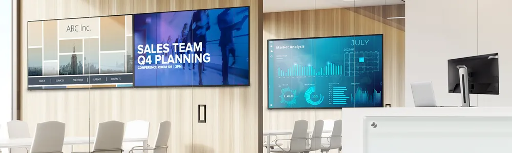 glass windows for conference rooms showcase large format screens visible from the lobby