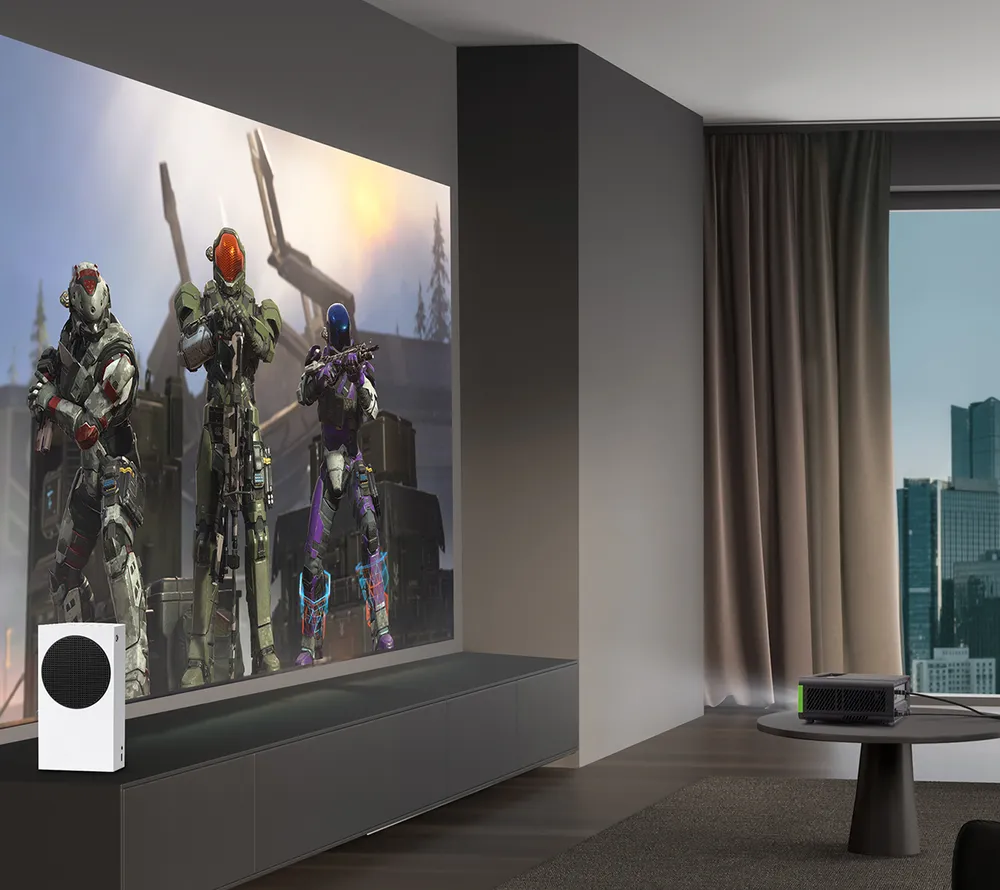 X2-4K projector used to play a first person shooter game in a large room
