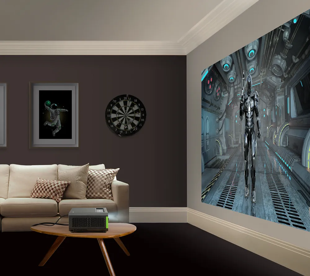 Side view of X2-4K projector projecting a futuristic game onto a large wall