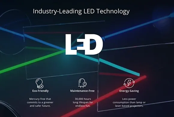 industry leading led technology. eco friendly, mercury-free that commits to a greener and safer future. Maintenance-free, 30000 hours long lifespan for endless fun. Energy-saving, less power consumption than lamp or laser-based projectors