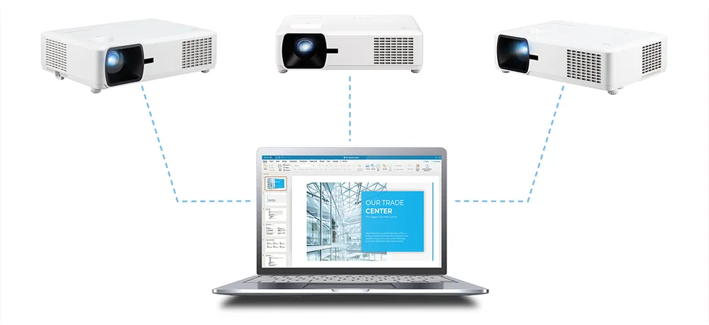 an image of three projectors connected to a laptop