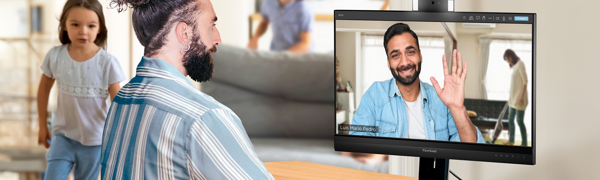 two people on a video call through the use of video conferencing monitors with built-in webcams