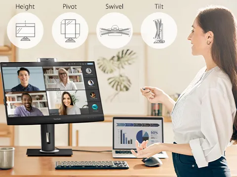 a monitor with icons for height, pivot, swivel, and tilt ergonomic adjustments