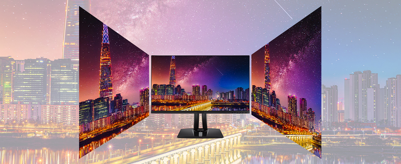 a monitor shown from straight on and from a sharp side angle