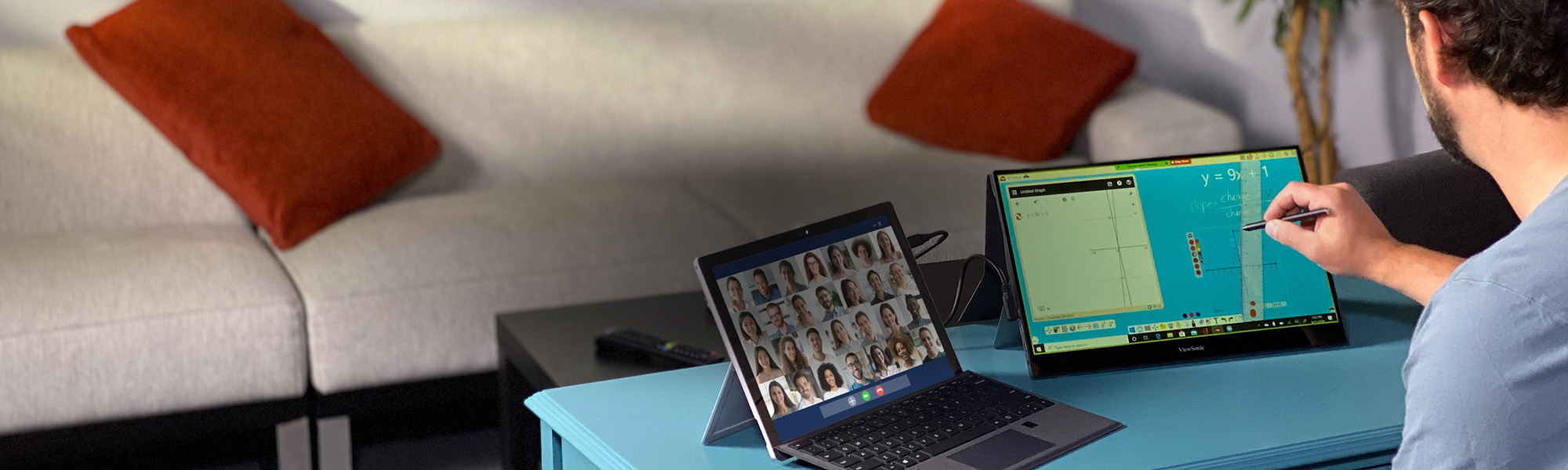 an ultrawide monitor on the desk in an executive office