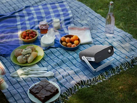 a projector at a picnic outside