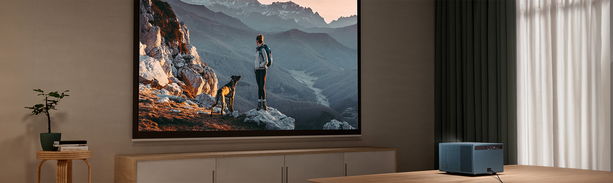a projector on a table in a living room