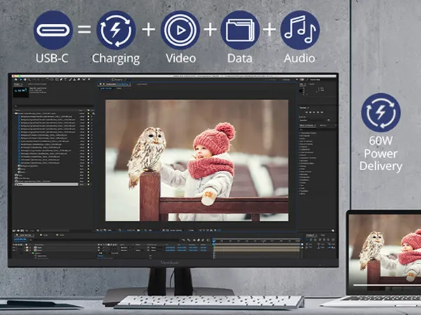 monitor with child and owl on the screen.  Usb-c icon showing charging, video, data and audio capabilities