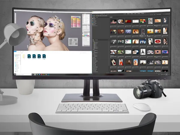 monitor with child and owl on the screen. Usb-c icon showing charging, video, data and audio capabilities