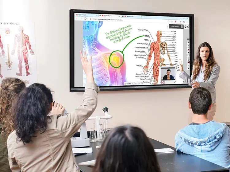 a teacher going over a medical diagram on screen in front of a class of students.  one student raises their hand with an answer to the question.