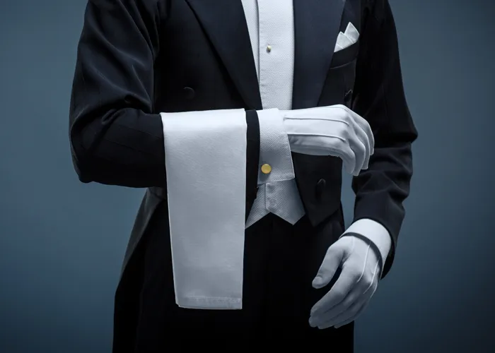 a butler with a cloth over their arm