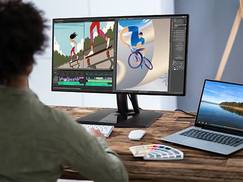 Woman sitting at desk watching a movie on her monitor