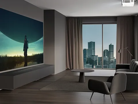 image projected from a ceiling mounted projector in a bight room