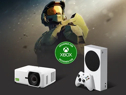 Xbox with a made for Xbox Viewsonic projector with a video game image in teh background