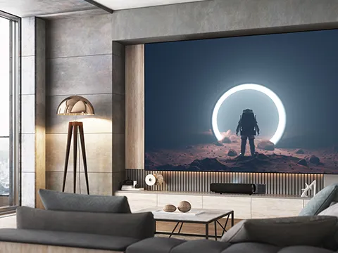 an ultrashort throw projector in a living room