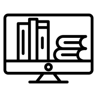Black and white line drawing of a monitor with stacked books standing and laying on the screen