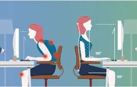 Illustration of the correct, ergonomic way to sit in front of a monitor