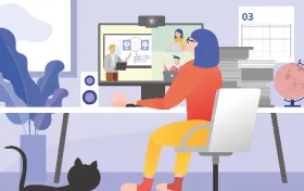 Illustration of a woman sitting in front of a monitor with a webcam