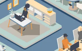 Illustration of employees sitting at desks and workstations